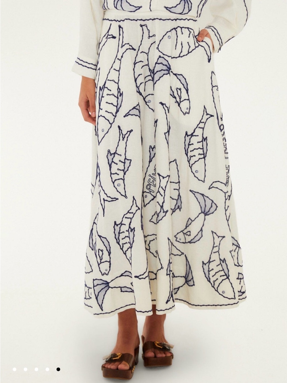 NWT FARM Rio Off-White Fresh Fish Embroidered Midi Skirt XS